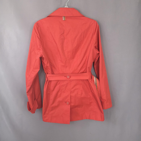 Vintage Talbots Trench Coat Womens Medium Orange Rain Jacket Short Belted - Picture 2 of 11